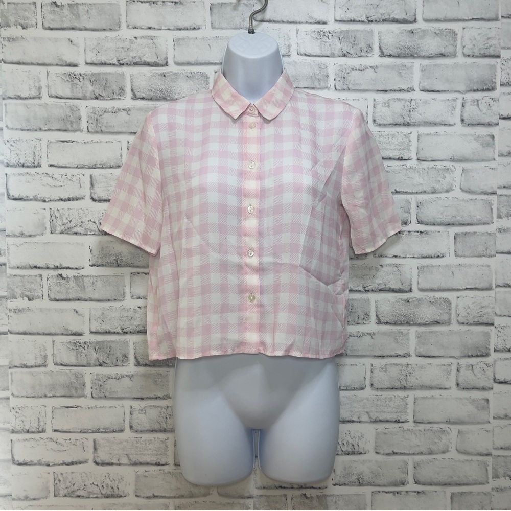 DIVIDED by H&M Pink Checkered Semi Sheer Button Up Crop Blouse 4